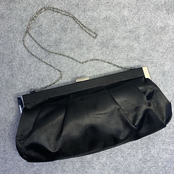 VTG Worthington Black Satin Clutch Purse Silver Chain Shoulder Bag 12”x6” - Picture 2 of 11